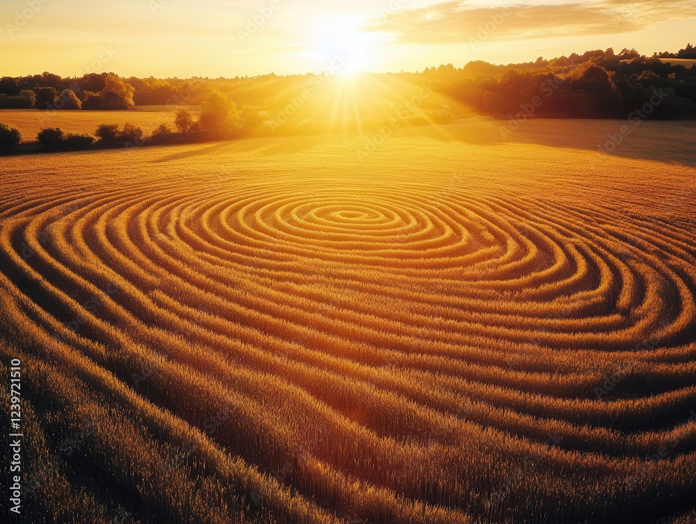 Naklejka premium drone perspective of geometric crop circles illuminated by golden sunset, creating abstract patterns across vast farmland