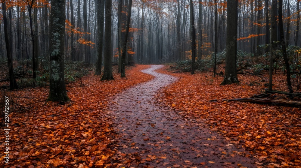 Naklejka premium A path through a forest with leaves on the ground
