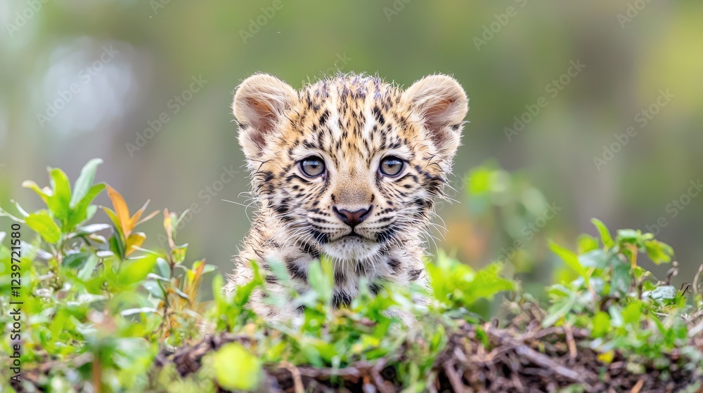 Obraz premium Cute jaguar cub peering from green bushes, rainforest background; wildlife photo