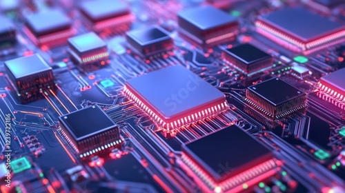 Intricate network of glowing computer chips and circuits with vibrant colors