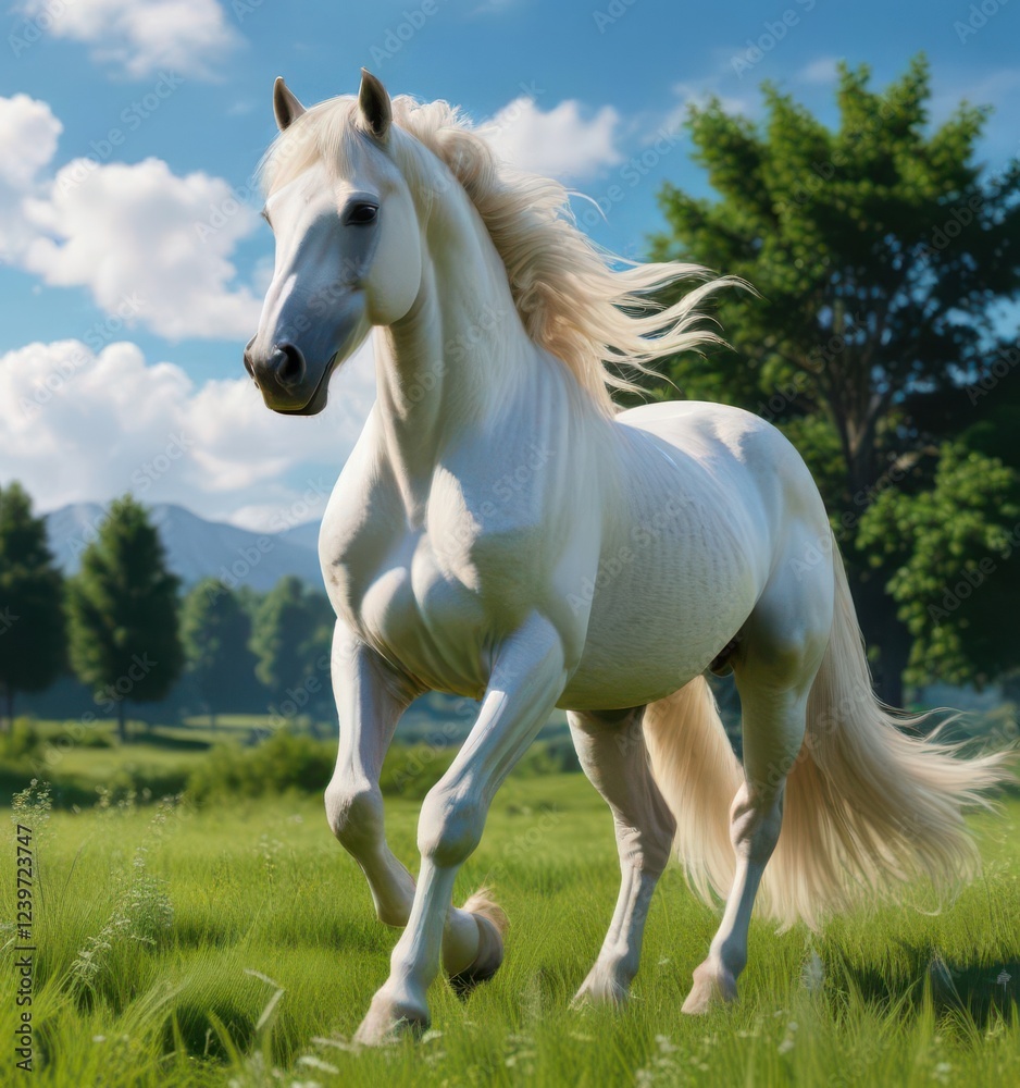 Elegant white horse with flowing mane and tail stands in a lush green meadow under a bright blue sky , elegant, white horse, white unicorn stallion Elegant white horse with flowing mane and tail stands in a lush green meadow under a bright blue sky , elegant, white horse, white unicorn stallion