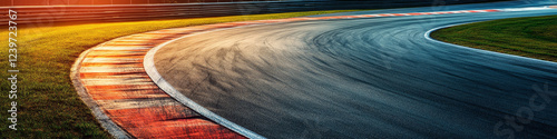  Motor racing track. A sleek, curving motor racing track with smooth asphalt, sharp turns, and marked lines. Race track curve road.