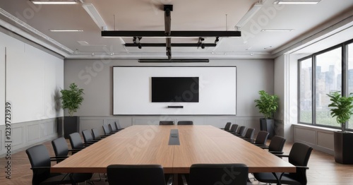 Empty conference room with a large poster hanging from the ceiling   poster   banner   office