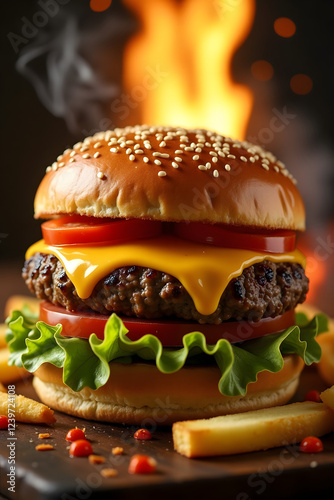 Ultimate Burger Craving – Melting Cheese & Flames