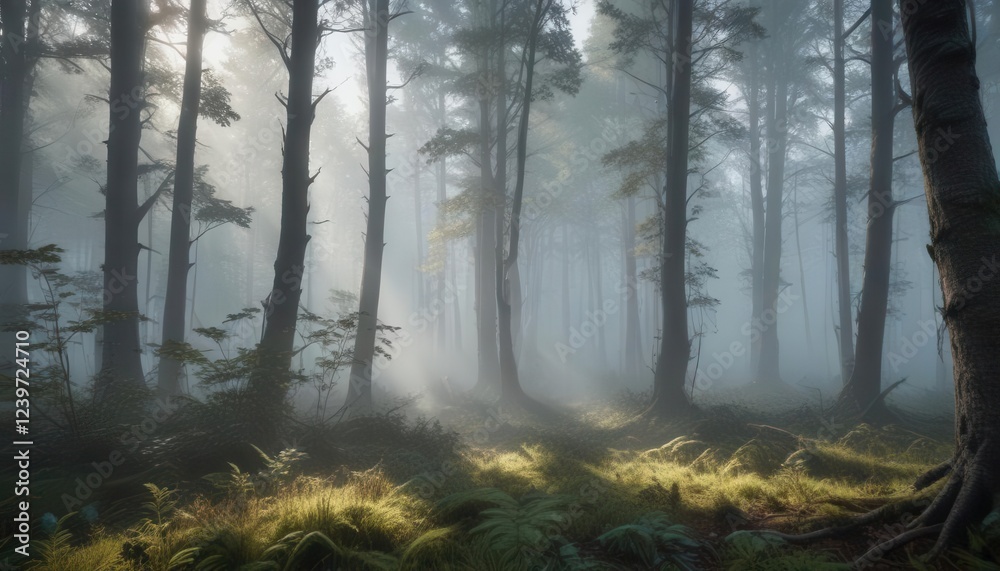 Obraz premium Ethereal light dances across the foggy forest floor, dreamy, hazy, forest