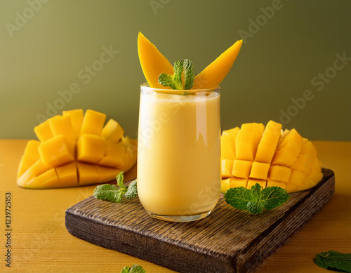 Chilled Mango Lassi with Fresh Mango Garnish photo