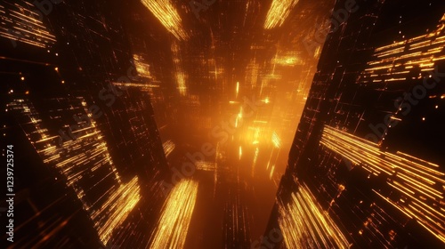 Abstract digital matrix with golden lines and geometric shapes in a dark space