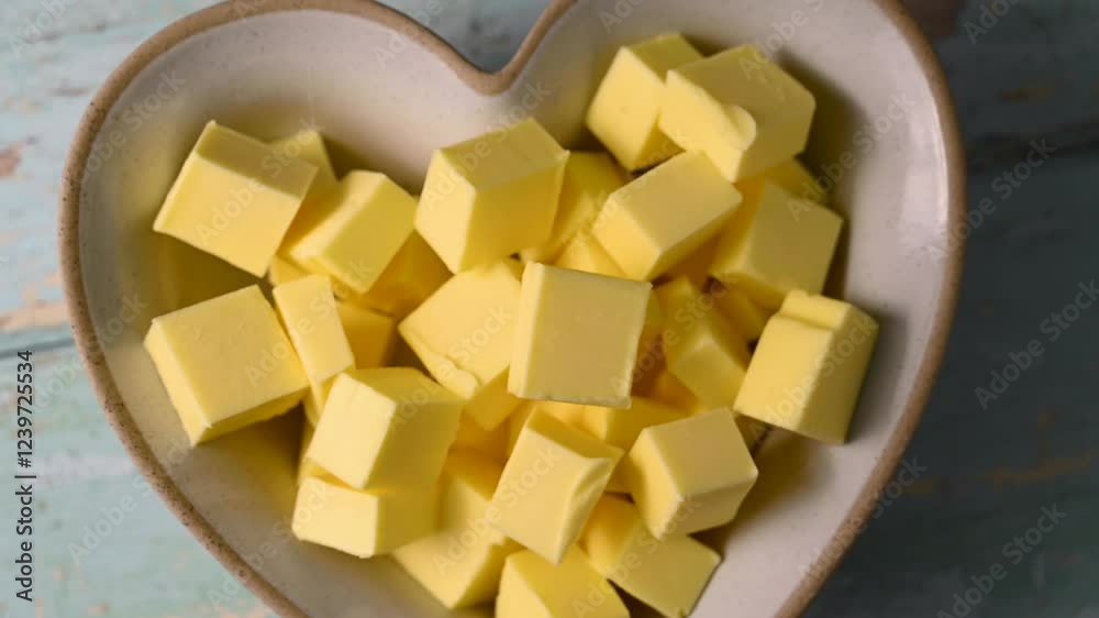 Butter cubes grass-feed butter slices in a heart shaped bowl. Vitamin D and source of fat Butter cubes grass-feed butter slices in a heart shaped bowl. Vitamin D and source of fat