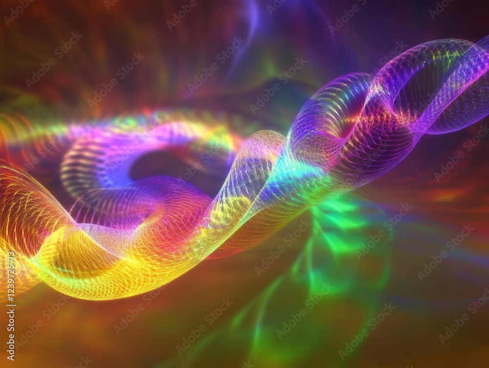 Fototapeta premium ethereal quantum particles dance in spiral formation, iridescent energy fields, abstract scientific visualization, deep space background