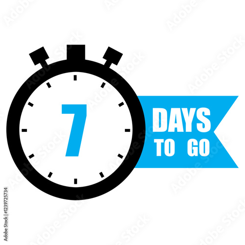 Countdown timer illustration. Number seven focus. Bold 7 DAYS TO GO text. Blue banner accent.