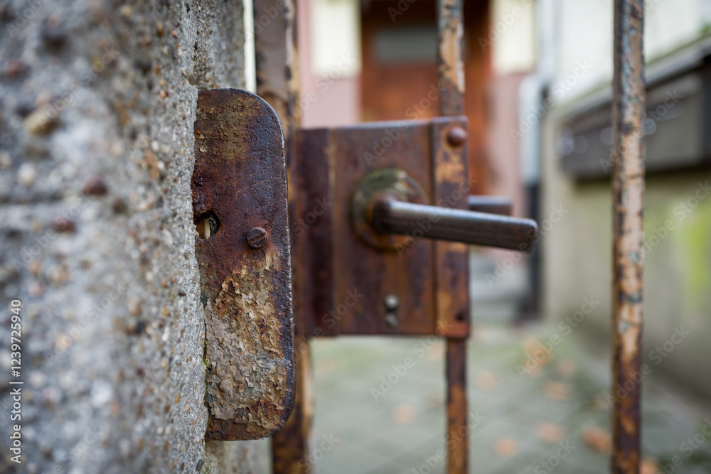 A rusty gate latch and handle are seen on a weathered stone wall, with an old building softly blurred in the background. A rusty gate latch and handle are seen on a weathered stone wall, with an old building softly blurred in the background.