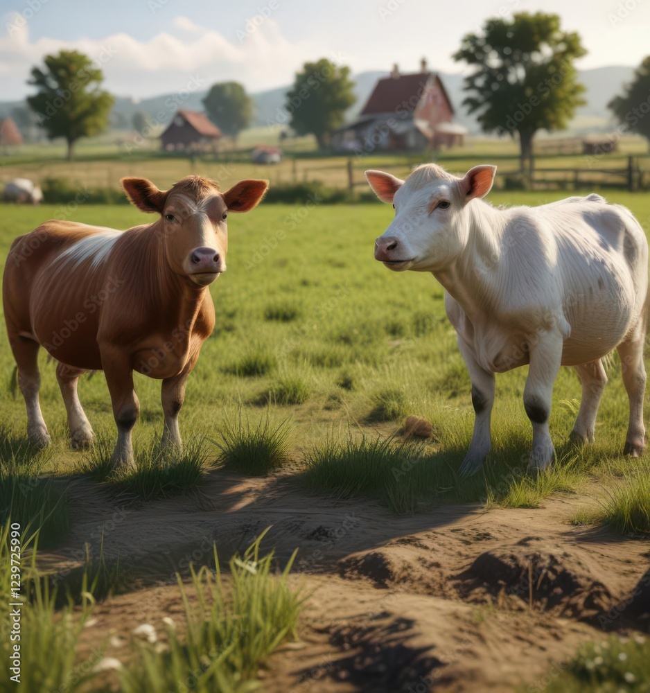 Farm animal friends playing together in the fields, cow, animals together, chicken Farm animal friends playing together in the fields, cow, animals together, chicken