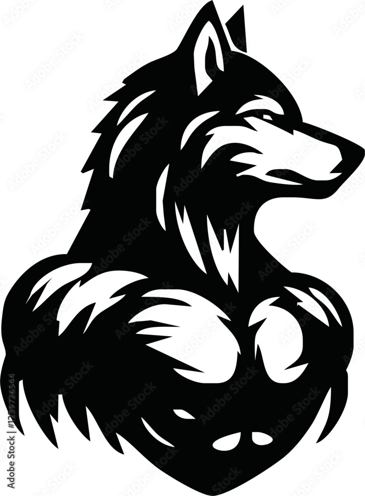 Obraz premium Graphic Mascot Vector Image of a wolf boxer. Logos for sport athletic club. Coat of Arms for the gym or sports shop. Wolf head. Vector illustration