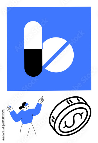 Pill and tablet icons in blue square, person gesturing with hand up, and coin with dollar sign. Ideal for healthcare, pharmaceuticals, economics, financial advice, business strategy, investment