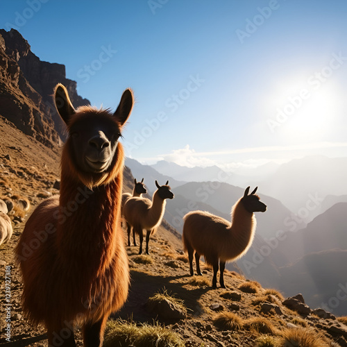 Llamas Trekking Along the Scenic Trails of Lares in the Majestic Andes of Peru photo