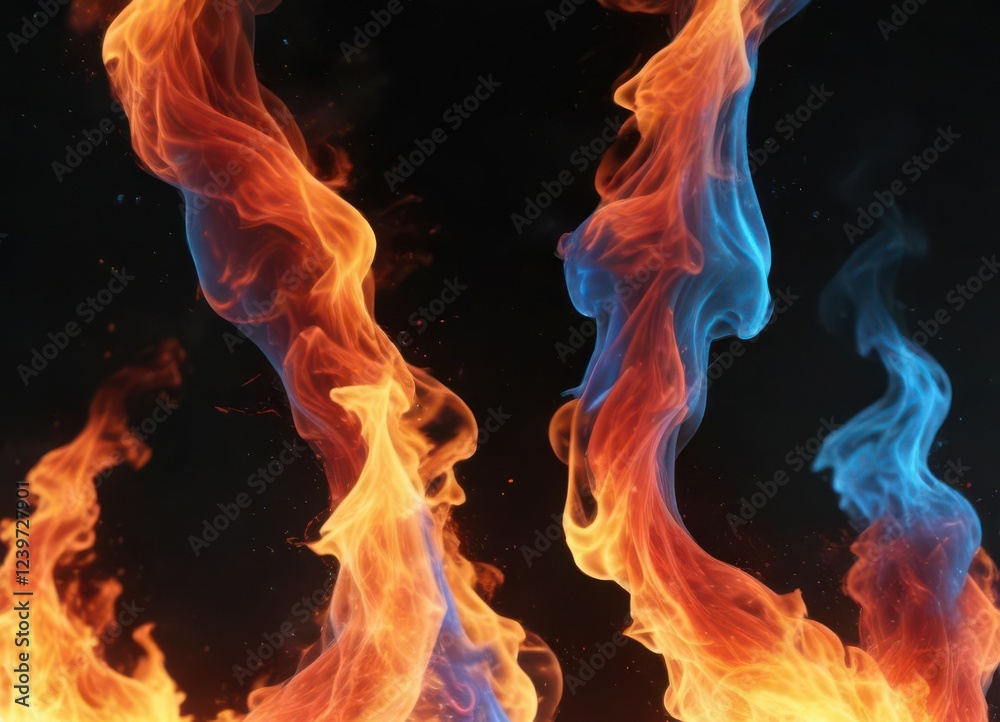 Fototapeta premium Flames on black background with red and blue hues dancing together, fire, blue flames, warm colors