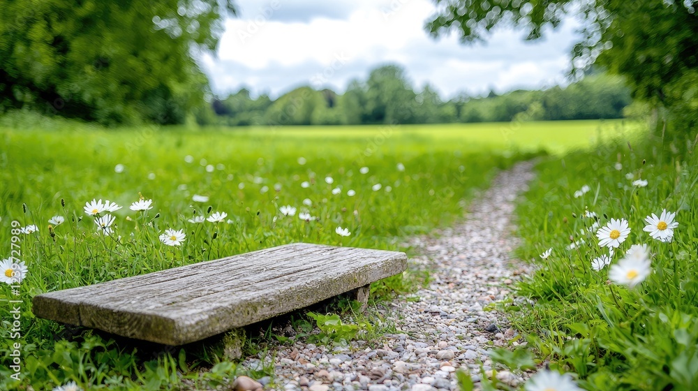 Fototapeta premium Park bench path daisies spring peaceful nature
