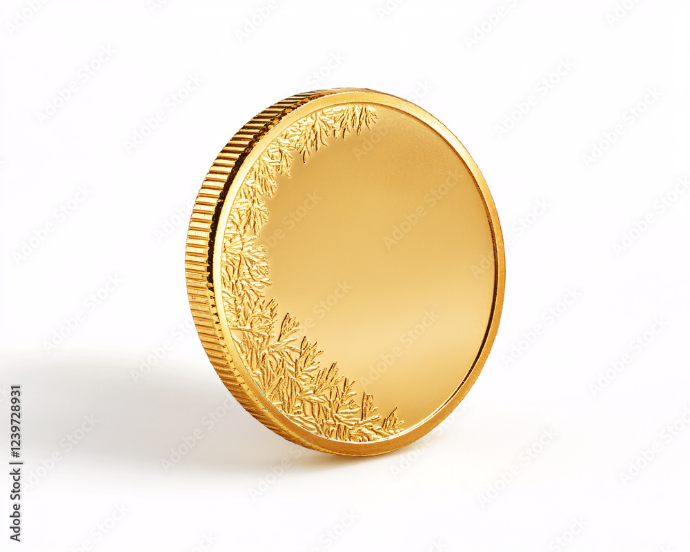 golden coin on white background with intricate floral design isolated macro shot golden coin on white background with intricate floral design isolated macro shot