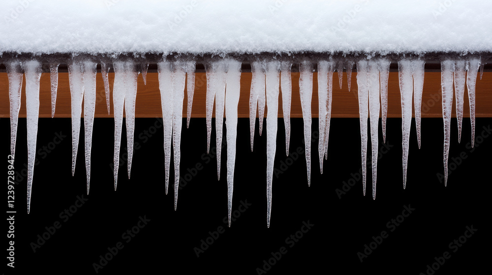 Icicles hanging from snowy rooftop create stunning winter scene. sharp formations contrast beautifully against dark background Icicles hanging from snowy rooftop create stunning winter scene. sharp formations contrast beautifully against dark background