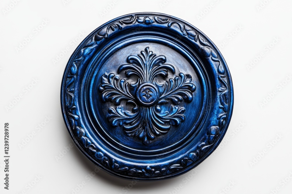 Elegant Cobalt Blue Ornate Wall Decor, Decorative Ceiling Medallion, Vintage Rococo Style, Intricate Carved Design, Deep Blue Finish Elegant Cobalt Blue Ornate Wall Decor, Decorative Ceiling Medallion, Vintage Rococo Style, Intricate Carved Design, Deep Blue Finish