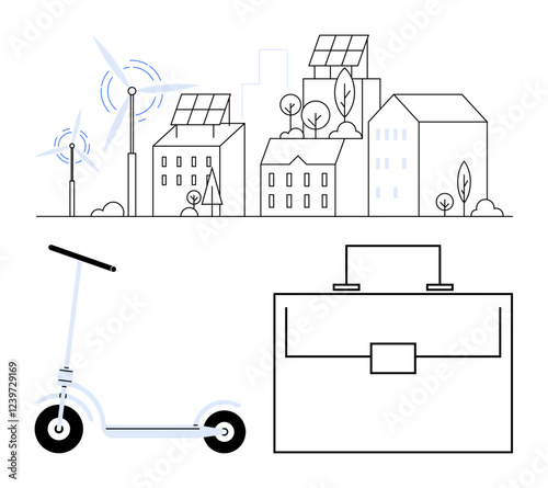 Urban cityscape with solar panels, wind turbines, trees, e-scooter, and a briefcase. Ideal for green energy, sustainability, commuting, modern work eco-conscious living innovation abstract line