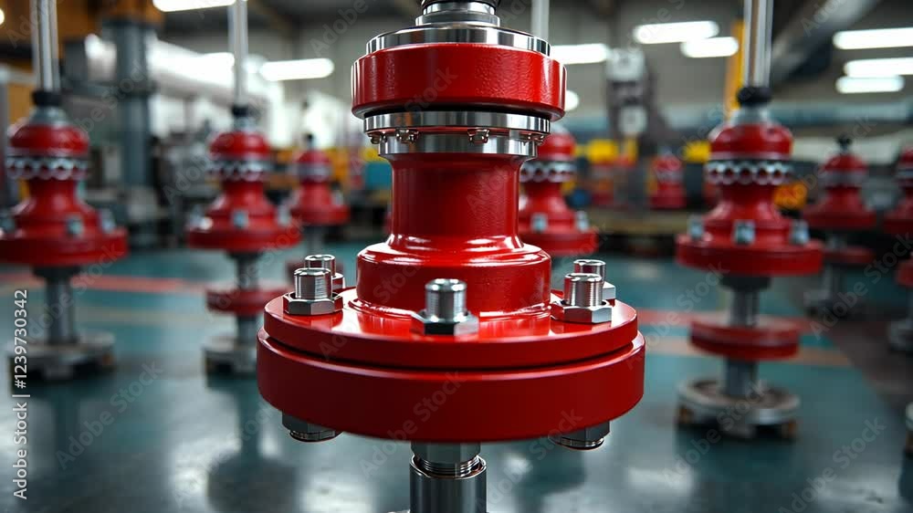 Equipment assembly in a manufacturing facility showcases intricate red machinery components