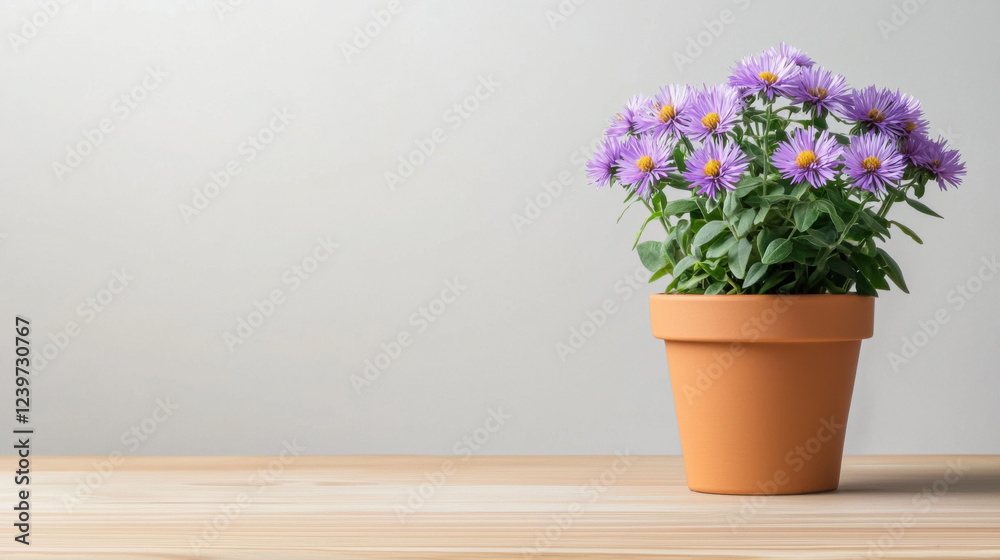 A vibrant purple flower pot sits on a wooden table, adding a touch of nature and color to a simple, minimalist background.