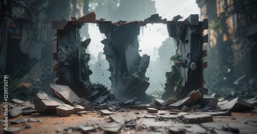 Fragmented screen with torn edges and broken pixels in a surreal, dreamlike environment ,  disintegrating display,  torn edges,  digital aberration