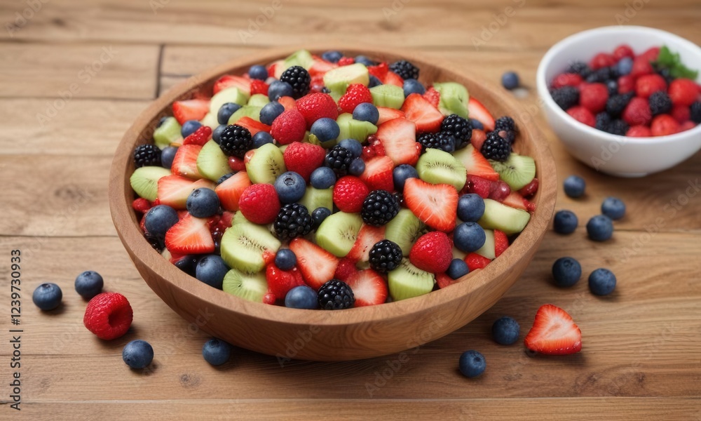 Fresh mixed berry fruit salad on wooden table, colorful, food, berries Fresh mixed berry fruit salad on wooden table, colorful, food, berries