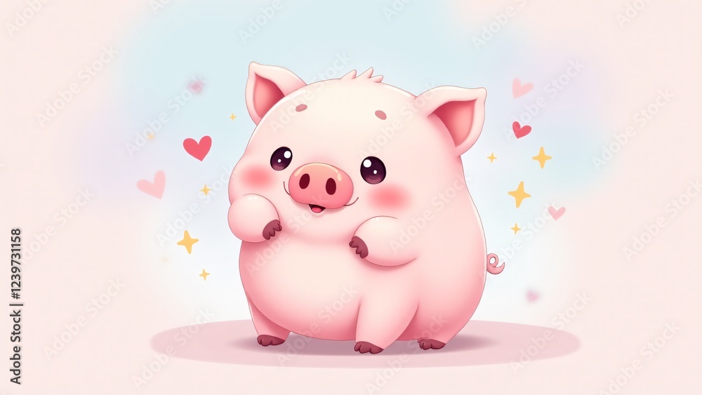 Chubby kawaii pig with big, sparkling eyes and blushing cheeks. Set against a dreamy pastel background with floating stars and hearts, creating a sweet, playful atmosphere. Chubby kawaii pig with big, sparkling eyes and blushing cheeks. Set against a dreamy pastel background with floating stars and hearts, creating a sweet, playful atmosphere.