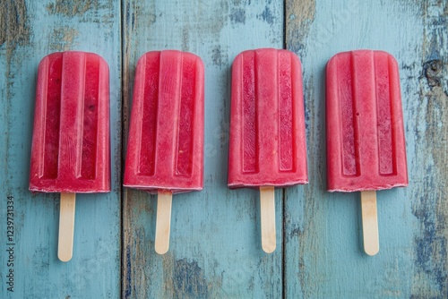 Four vibrant red popsicles are beautifully resting on a rustic blue wooden surface, evoking the true essence of long, sunny summer days filled with absolute joy and blissful relaxation