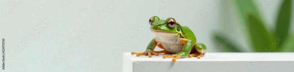 Obraz premium Frog sitting on a white panel, frog, white panel, water
