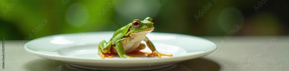 Frog sitting on a white plate , still life , amphibian, frog Frog sitting on a white plate , still life , amphibian, frog
