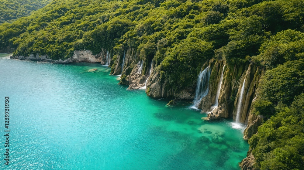 Aerial View of Cascading Waterfalls into Turquoise Bay Lush Green Tropical Vegetation Aerial View of Cascading Waterfalls into Turquoise Bay Lush Green Tropical Vegetation
