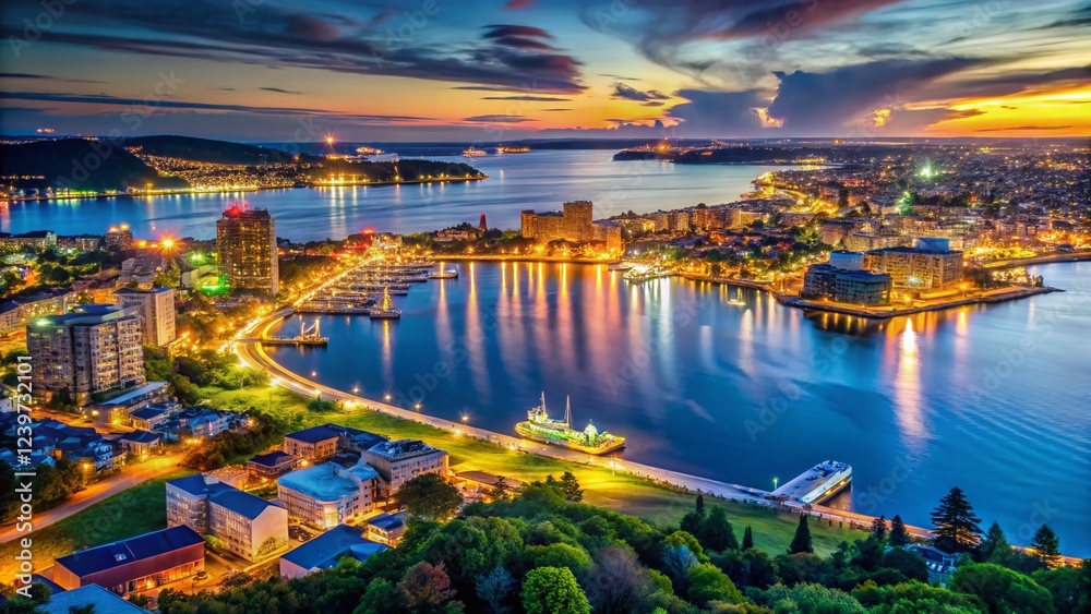 Fototapeta premium Halifax, Nova Scotia Night Lights Zoom From Space - Aerial Cityscape View