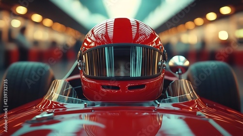 A red racing car with a helmet on the front