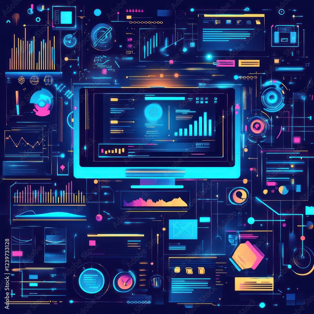 Fototapeta premium Data analysis screen, glowing charts, tech background, website design