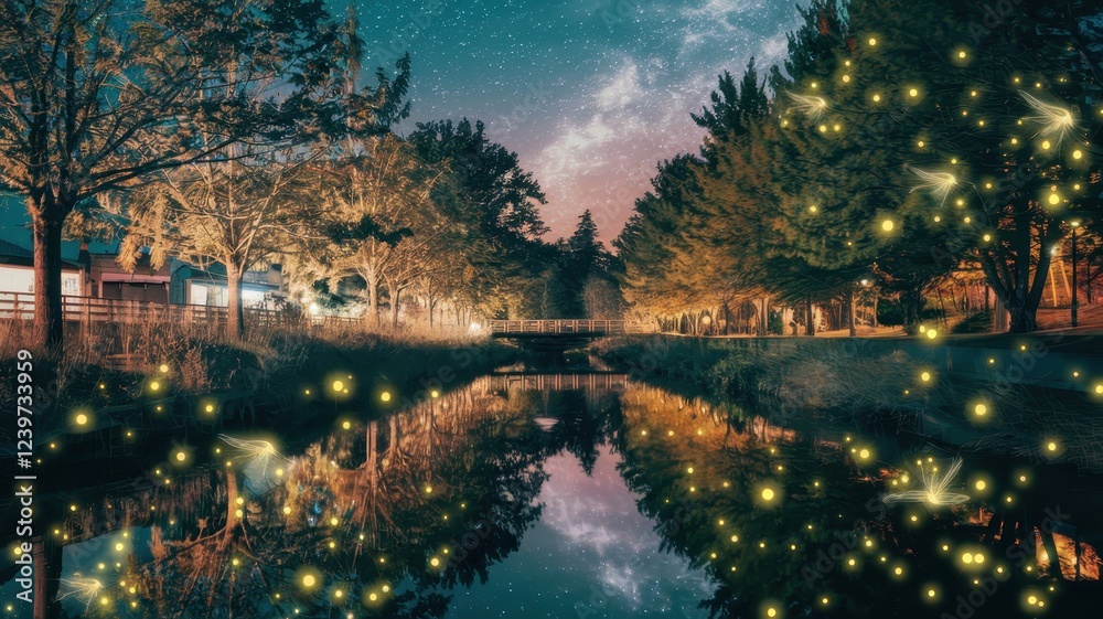 A serene evening scene featuring a tranquil river surrounded by trees, illuminated by sparkling fireflies under a starlit sky. A serene evening scene featuring a tranquil river surrounded by trees, illuminated by sparkling fireflies under a starlit sky.