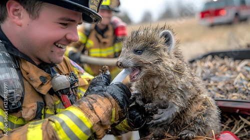 A firefighter in uniform using a high pressure water hose to cool down and assist a distressed wild animal in a natural outdoor environment