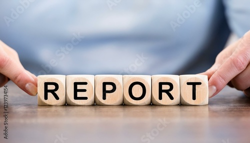 レポート報告を意味する英単語REPORTの文字が書かれたキューブブロック。AIで生成