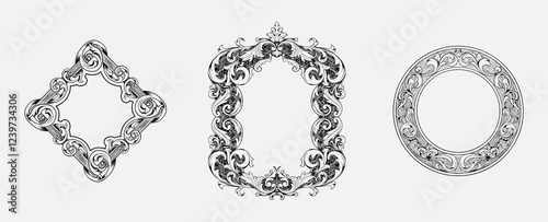 set of hand drawn black and white ornamental engraved square and circle frames in vintage style