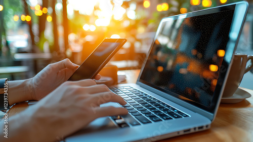 A person is using a laptop and a cell phone at the same time. generated using AI