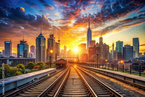 A double exposure captures Melbourne's vibrant skyline at dawn, a train silhouetted against the rising sun.