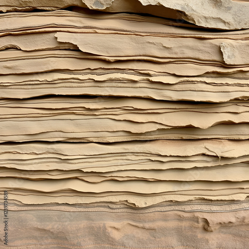 Textured layers of stratified shale rock and mudstone showing natural geological formations and earthy tones for background or design use. photo