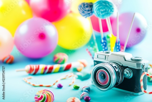 Colorful candy theme with vintage camera and balloons set in a festive atmosphere for a celebration event photo