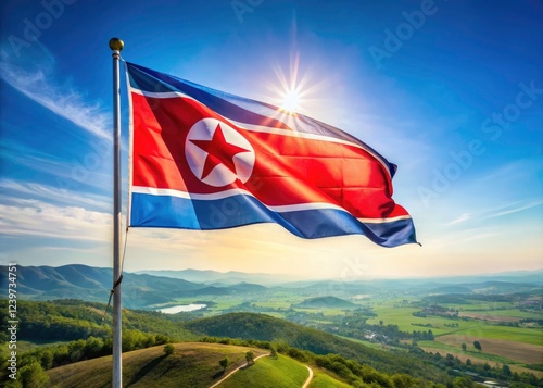A dramatic aerial view of the North Korean flag billowing, showcasing the country's terrain.
