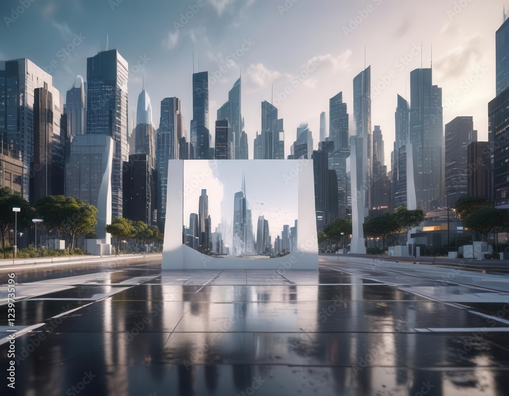 Obraz premium futuristic cityscape with abstract white square shape in the foreground, modernity, futurism, technology