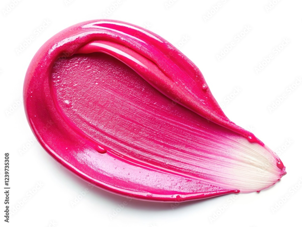 A drone's-eye view captures a close-up of luscious pink lip gloss, dramatically smeared on a clean white background. A drone's-eye view captures a close-up of luscious pink lip gloss, dramatically smeared on a clean white background.