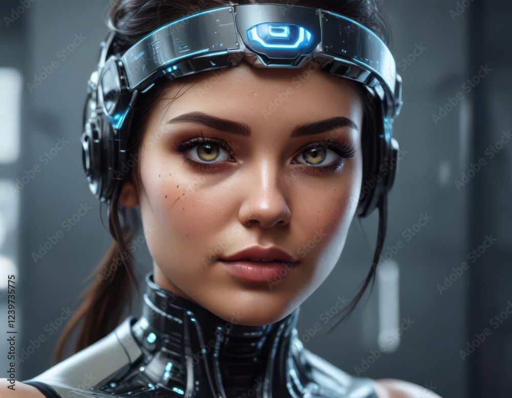 Futuristic female with a glowing cyber eye panel on her forehead, neon lights, technology, high-tech vision Futuristic female with a glowing cyber eye panel on her forehead, neon lights, technology, high-tech vision