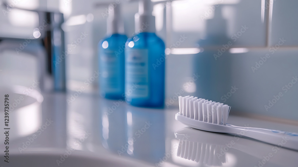 Close-Up of Toothbrush with Toothpaste and Mouthwash Bottles on a Pristine Bathroom Counter Close-Up of Toothbrush with Toothpaste and Mouthwash Bottles on a Pristine Bathroom Counter